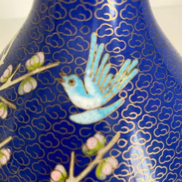 Pair of Vintage Matching Blue Chinese Cloisonné Brass Vases - Picture 9 of 12